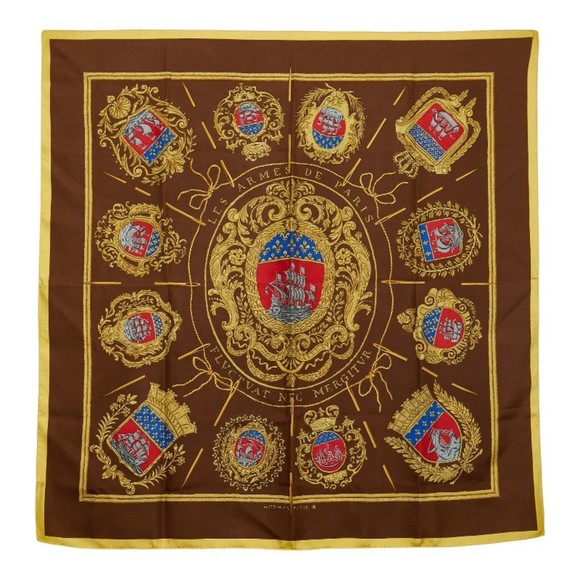 Hermès Carré 90 FLVCTVAT NEC MERGITVR Paris Coat of Arms Scarf Brown Multicol... - Picture 1 of 3